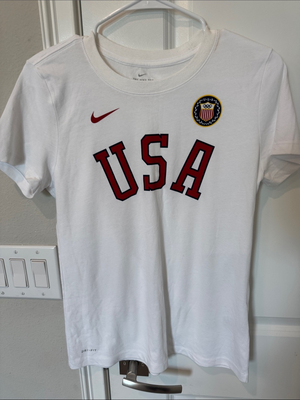 Nike White Tee with Red USA Letters and Crest